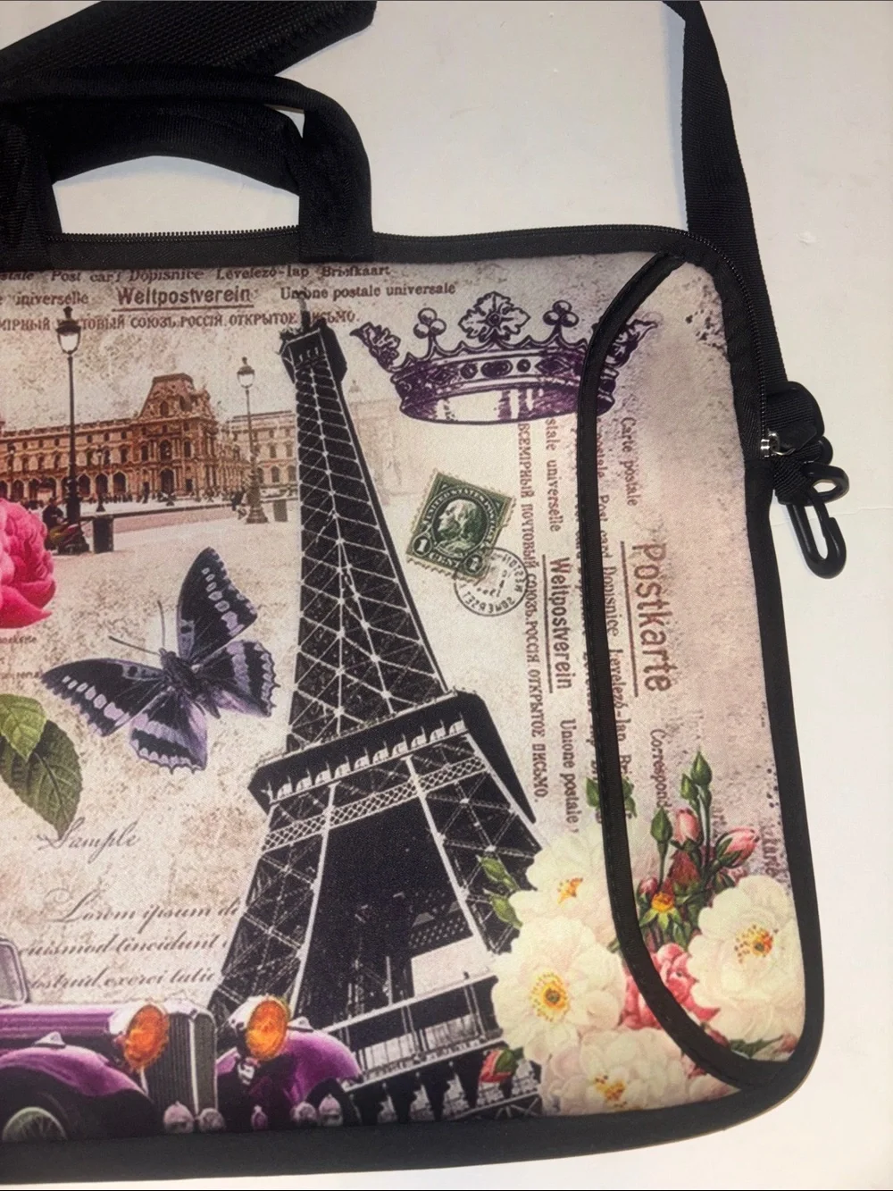 COMPUTER CASE SOFT/THICK PARIS DESIGN FULL ZIPPER HANDLES AND CROSSBODY STRAP